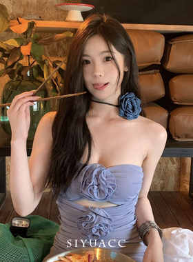 韩系蓝色花朵颈链choker气质项链