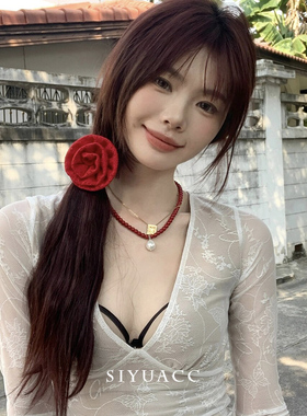 白鹿同款红色玫瑰花发绳发夹头饰