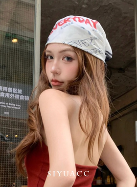 美式复古Y2K甜酷红色字母头巾女