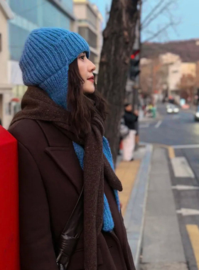 高圆圆同款蓝色护耳毛线针织帽女