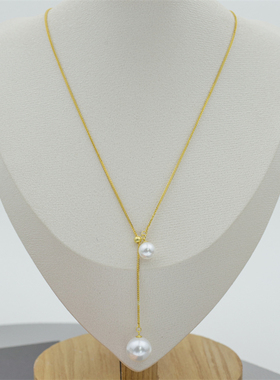 【双珠Y字】人造仿冷光澳白珍珠 S925厚镀肖邦链 吊坠项链