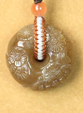 天然和田玉面包扣雕刻牡丹花吊坠