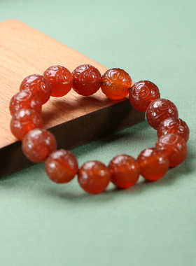 天然红玛瑙祥云圆珠手工雕刻手链