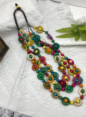 波西米亚风圆片木珠多层手工项链