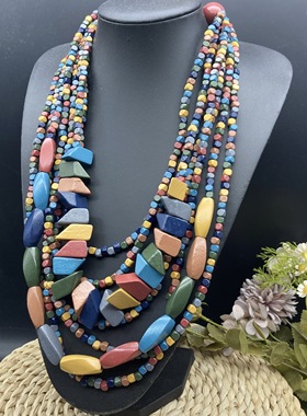 波西米亚民族风彩色长款木珠多层项链舞台走秀度假配饰女necklace