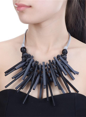 波西米亚多层手工木质夸张复古项链欧美时尚颈链吊坠女性锁骨链