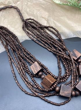 波西米亚风木质度假项链女多层复古民族风夸张美拉德棕色毛衣链