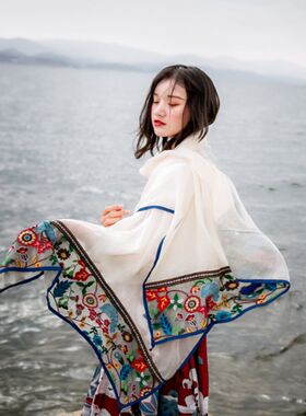 夏季流苏拼接度假风女绣花围巾