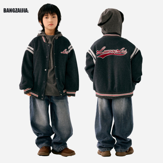 邦仔家童装冬季新款儿童灰色字母棒球夹棉外套男女童保暖棉袄