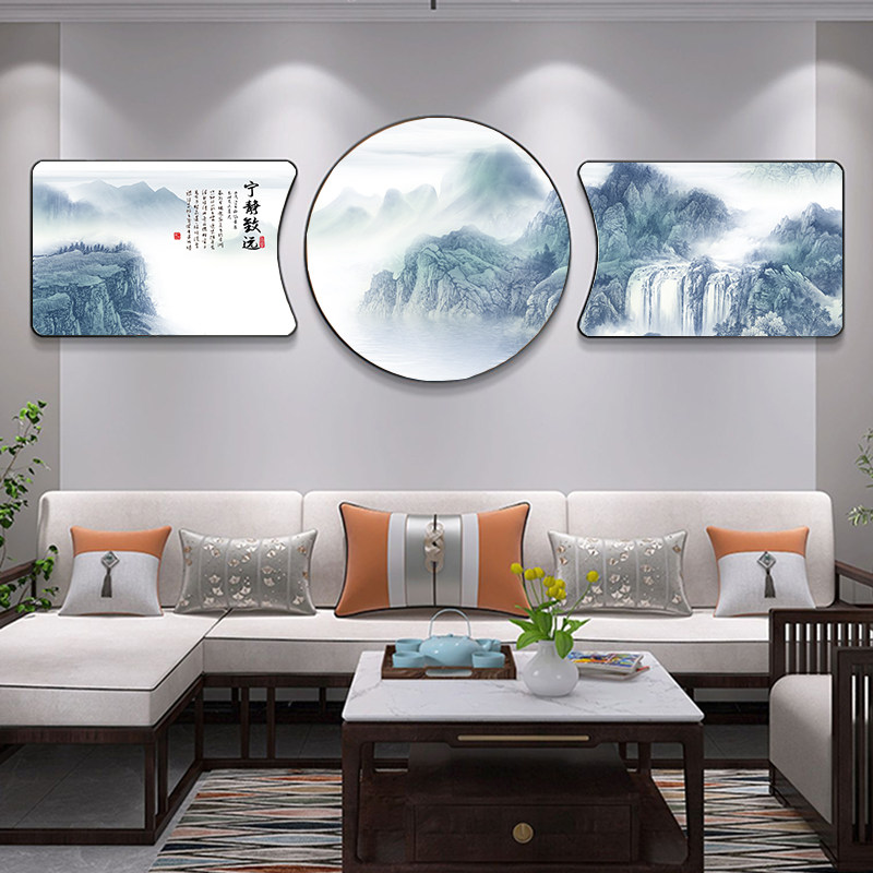 山水画客厅装饰画中式沙发背景墙挂画招财靠山三联画聚财晶瓷壁画_虎窝淘