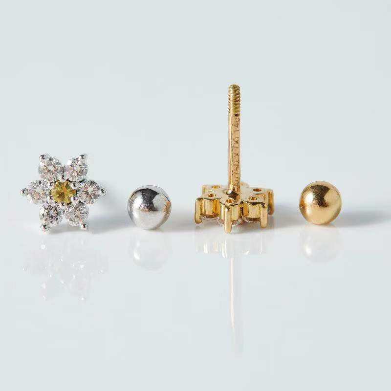 18K金钻石耳钉精致甜美小花朵玫瑰金真钻螺丝拧耳骨钉AU750耳饰,淘宝优惠券,粉丝福利购,淘宝优惠卷