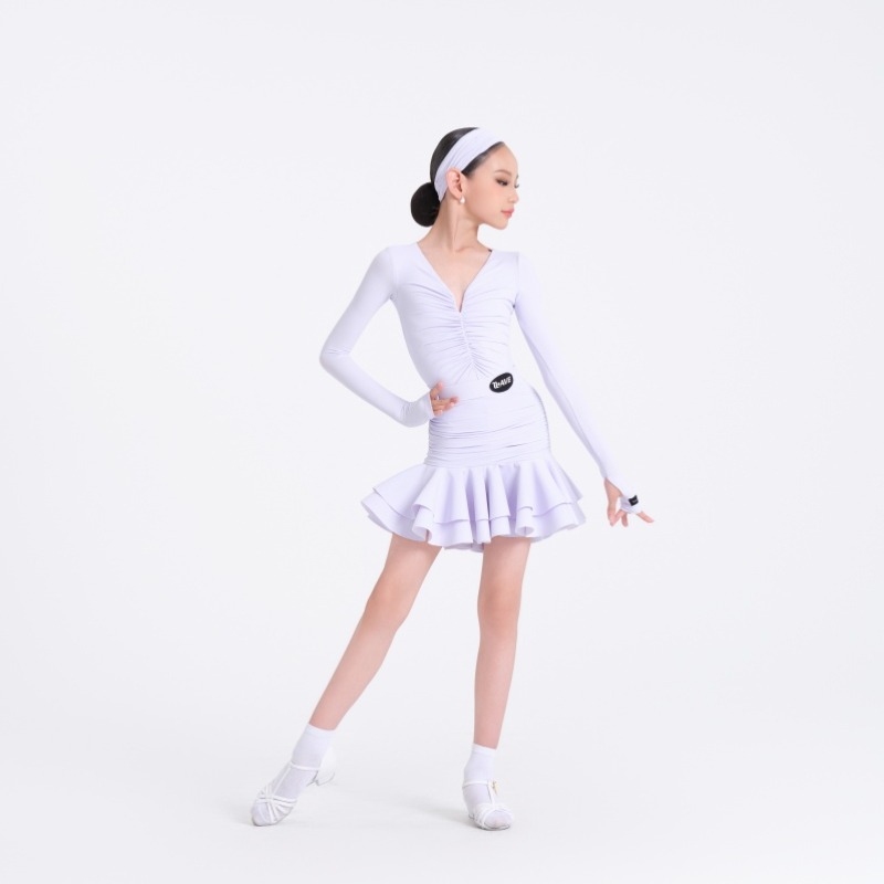 WAVE未午拉丁舞服2025秋季新款女童练功服V领上衣包臀鱼骨裙套装 - 图0
