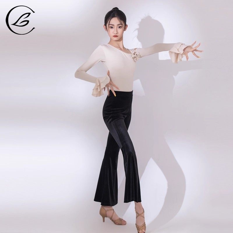 乐雅池拉丁舞服2025秋冬新款长袖斜肩裤子套装喇叭裤练功服女童,淘宝优惠券,粉丝福利购,淘宝优惠卷
