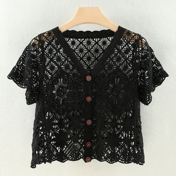 2024 Summer Original New Knitted Sweater Women Korean Style Thin Hollow Versatile Cardigan Short Sleeve Chic Top Soft