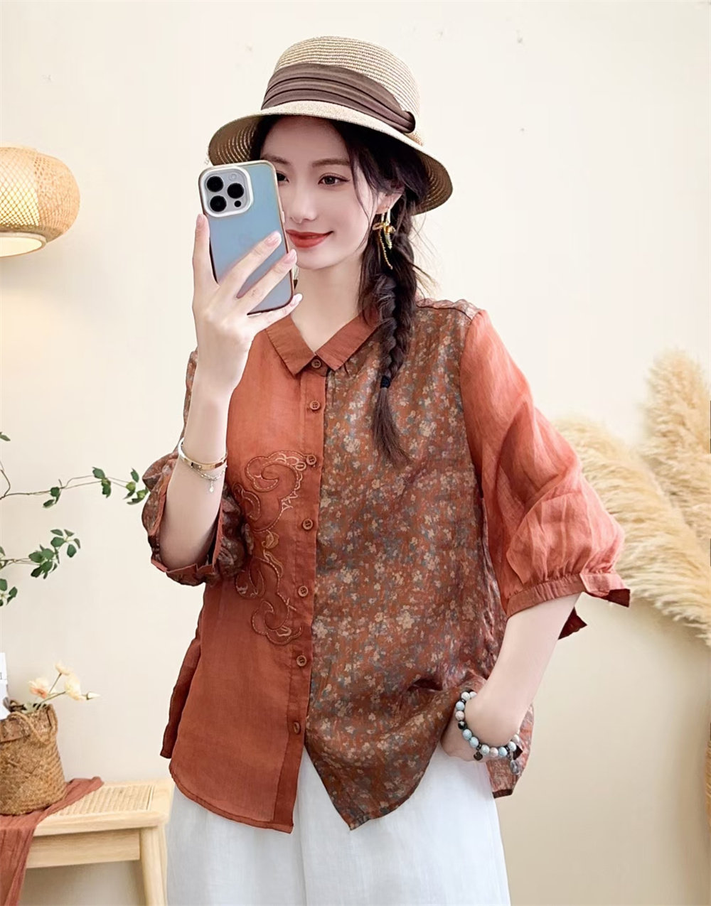 夏季新款复古风苎麻绣花拼接印花半袖方领衬衫女宽松显瘦薄款衬衣,淘宝优惠券,粉丝福利购,淘宝优惠卷