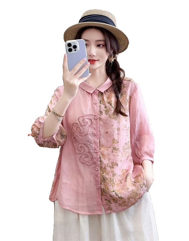 夏季新款复古风苎麻绣花拼接印花半袖方领衬衫女宽松显瘦薄款衬衣,淘宝优惠券,粉丝福利购,淘宝优惠卷