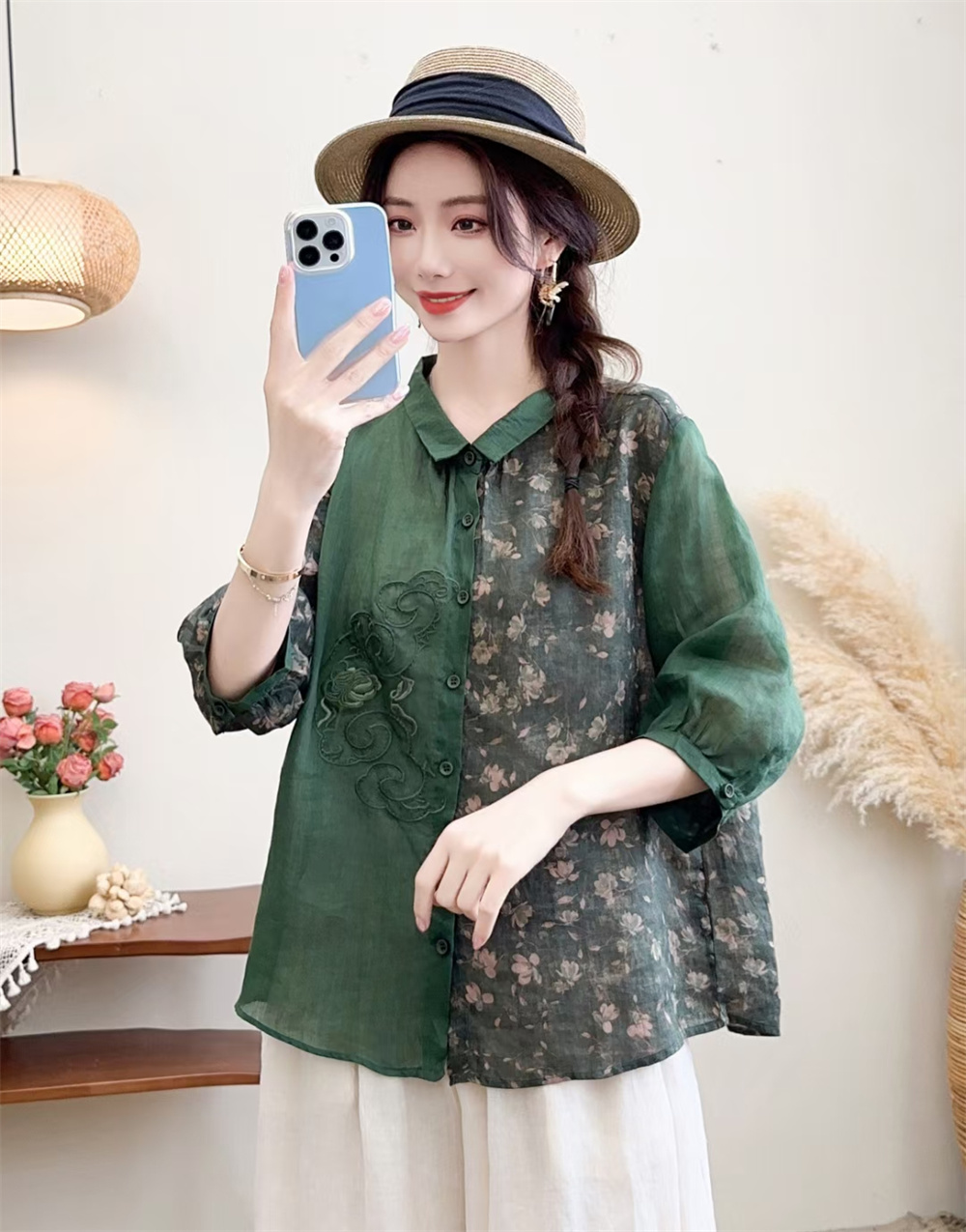 夏季新款复古风苎麻绣花拼接印花半袖方领衬衫女宽松显瘦薄款衬衣,淘宝优惠券,粉丝福利购,淘宝优惠卷