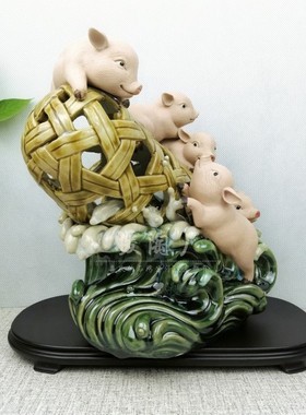 石湾公仔陶瓷摆件大师精品十二生肖猪笼入水玄关电视柜装饰客厅家