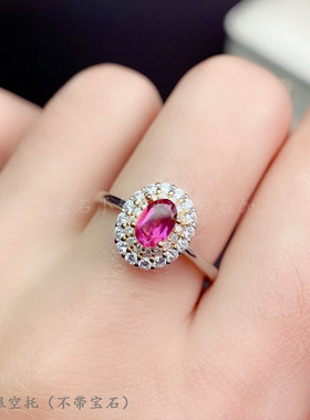 s925纯银戒指空托 椭圆4 5mm镀双色 镶钳透辉石 晶石经典大钻气质