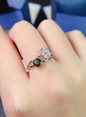 s925纯银戒指空托 正圆形5*5mm精工 双色 镶钳水晶石 甜美 小花花