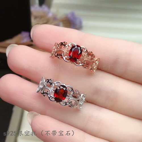 s925纯银 椭圆5*7mm戒指空托 镶嵌蛋面 晶石花纹宽版时尚潮流女戒 - 图2