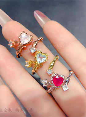 女s925纯银甜美糖果女戒托爱心形