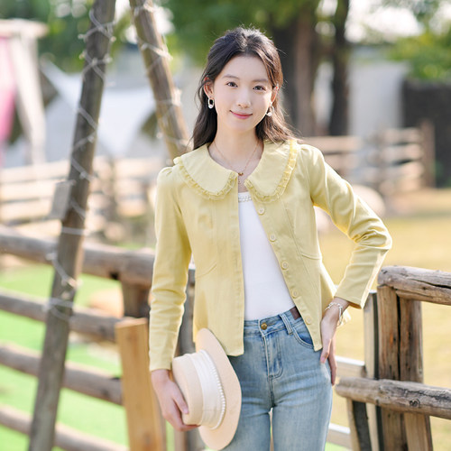 ATAR2025春装新款甜美百搭牛仔衬衣蕾丝拼接衣领收腰显瘦小版外套 - 图0