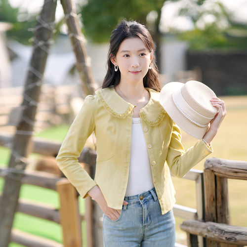 ATAR2025春装新款甜美百搭牛仔衬衣蕾丝拼接衣领收腰显瘦小版外套 - 图1