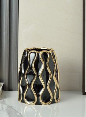 简约现代黑白金色电镀陶瓷花瓶花盆花器家居装饰摆件三件套南星