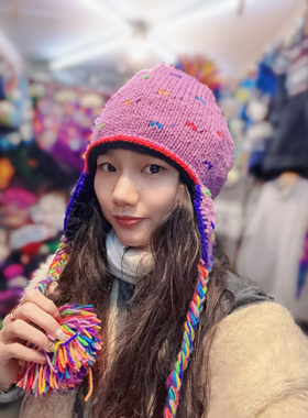 尼泊尔手工羊毛帽子刺绣花护耳帽三球球滑雪帽保暖毛线捂耳帽日韩