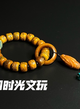 西藏牦牛骨灵骨手串雕刻阿呆尸陀林骷髅头手串仿老搭配佛手男女款