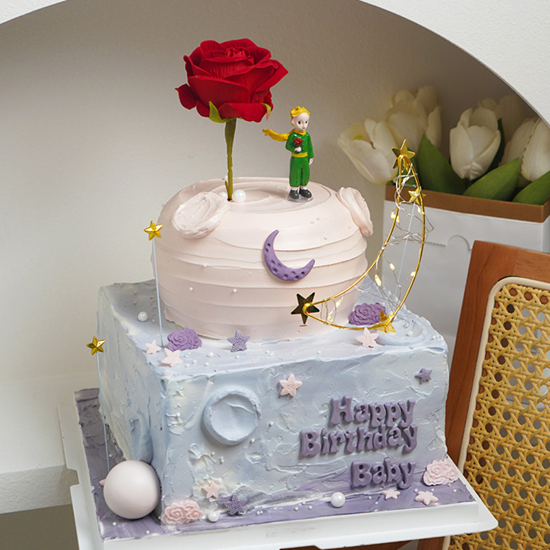 七夕情人节唯美告白生日蛋糕装饰玫瑰小王子摆件仿真玫瑰花插件