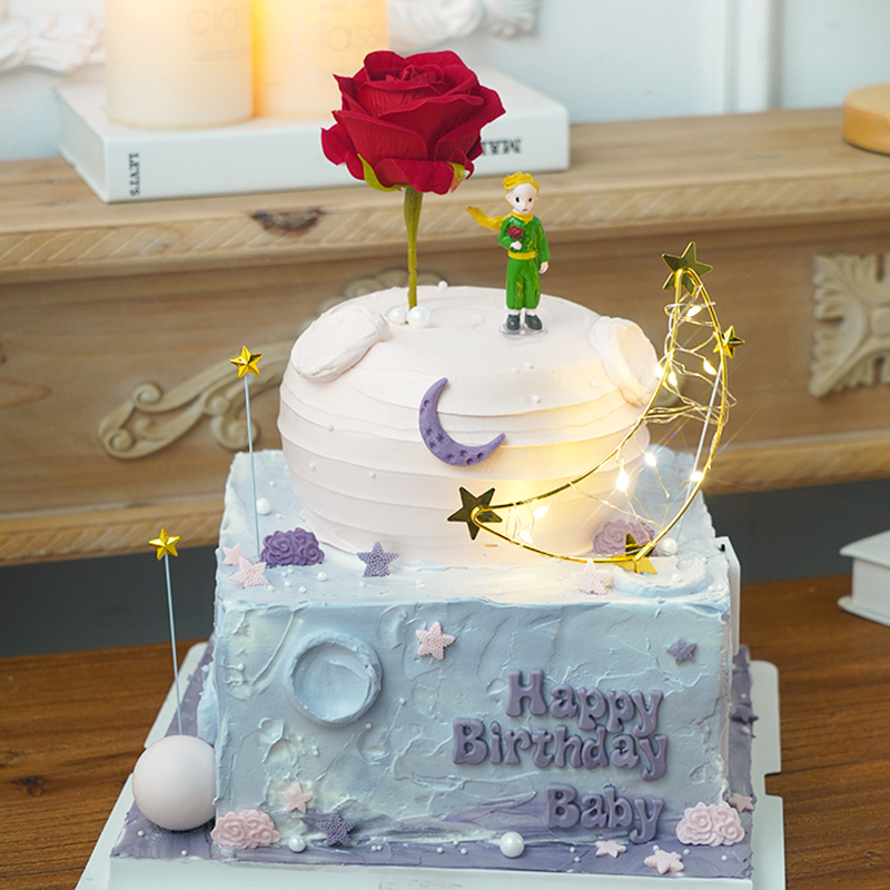 七夕情人节唯美告白生日蛋糕装饰玫瑰小王子摆件仿真玫瑰花插件