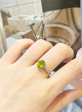 天然橄榄石绿水晶戒指女S925纯银