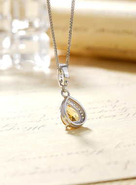 天然黄水晶吊坠女S925银水滴项链