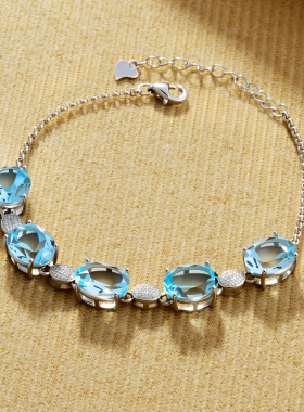 天然托帕石天空蓝手链女S925纯银