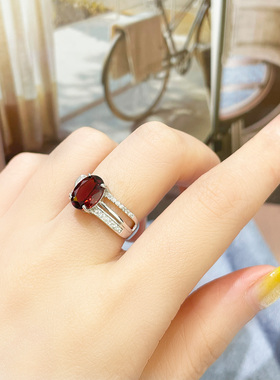 天然石榴石红色宽版戒指925纯银