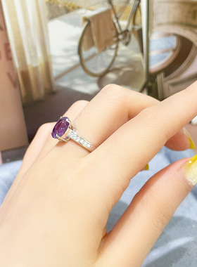 天然原矿无烧紫水晶925银戒指女