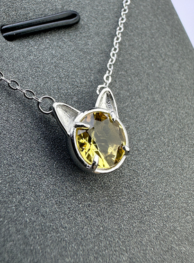 天然黄水晶猫咪吊坠女S925银项链