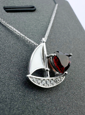 天然石榴石爱心小船吊坠纯银项链