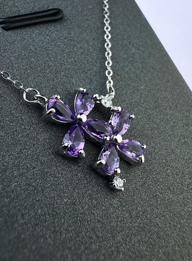天然紫水晶四叶草吊坠925银项链