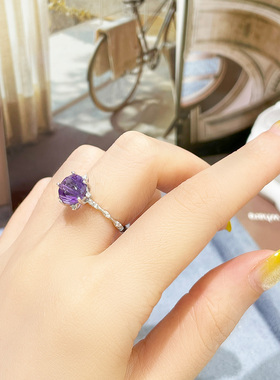天然紫水晶S925纯银戒指女可调节