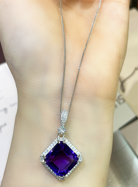 天然紫水晶方糖吊坠项链女S925银