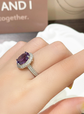 天然无烧紫水晶大戒指女S925纯银