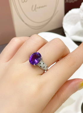 天然紫水晶宽版925纯银戒指女