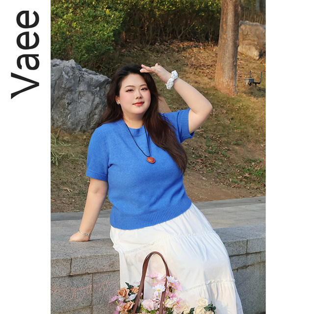 Vaee large size women's French commuting round neck knitted top early spring fat mm temperament versatile short-sleeved sweater T-shirt