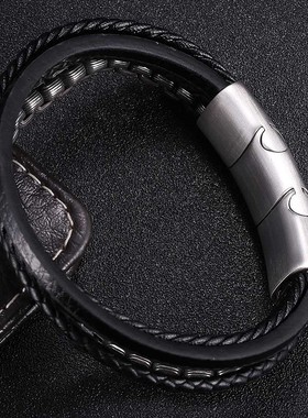 镭射刻字皮革手链男士不锈钢链子