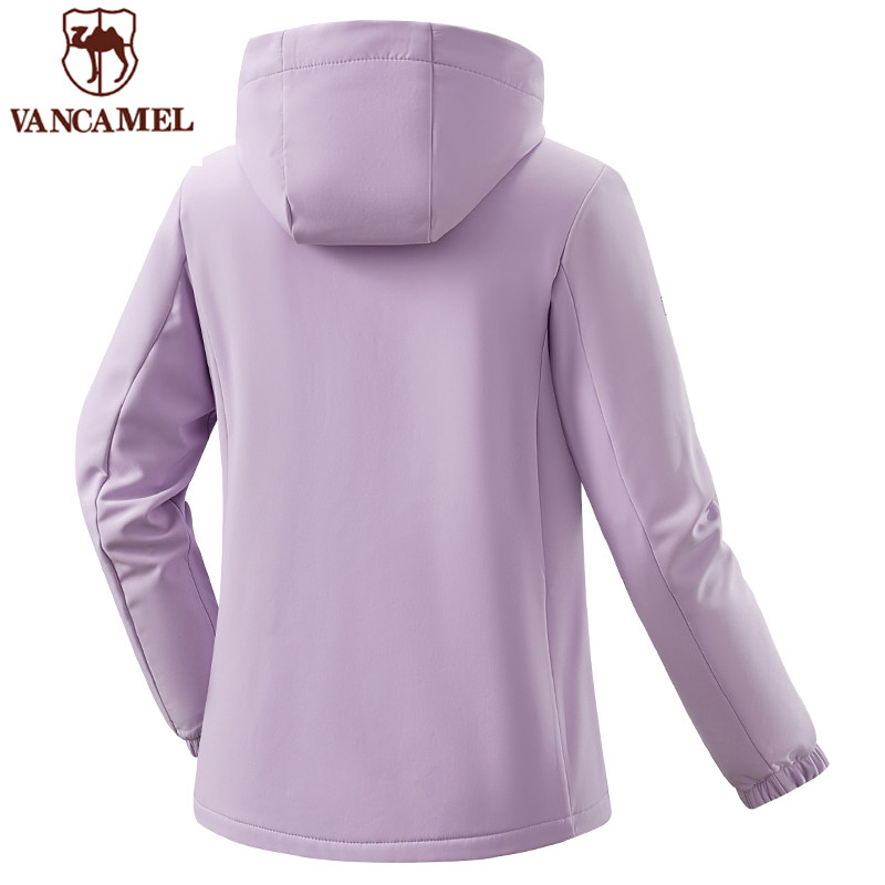 西域骆驼户外软壳衣女秋季防风防泼水加绒连帽徒步夹克外套登山服 - 图2