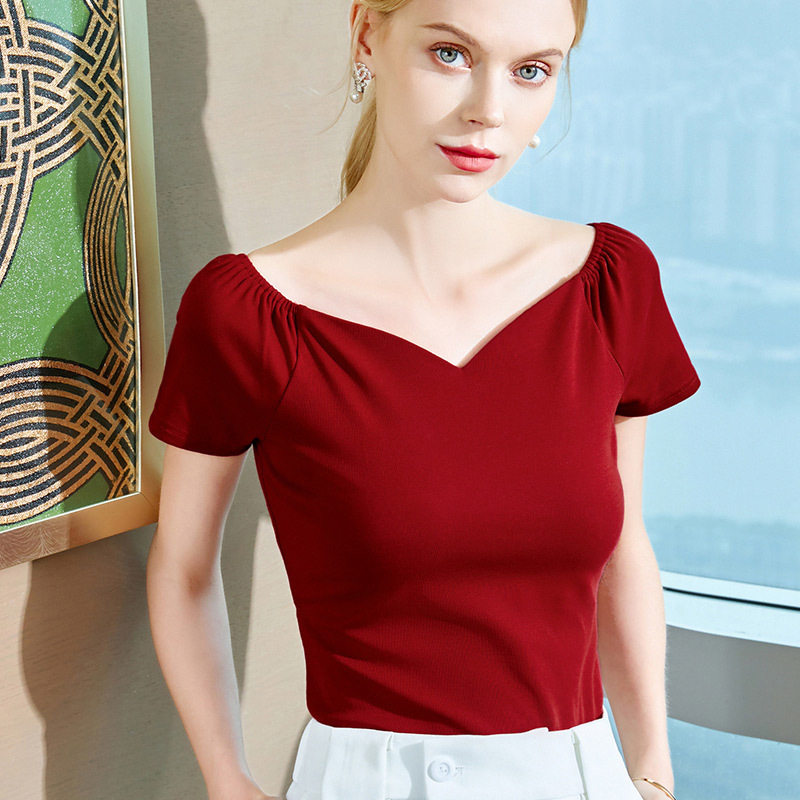 一字肩2020夏季新款小衫性感t恤 自蓝红T恤