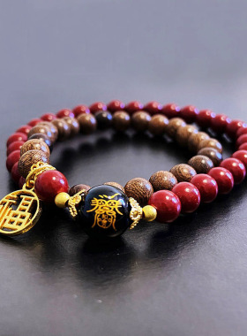 檀木朱砂手串双圈手链新中式风格女款利婚姻招姻缘黑玛瑙转运珠